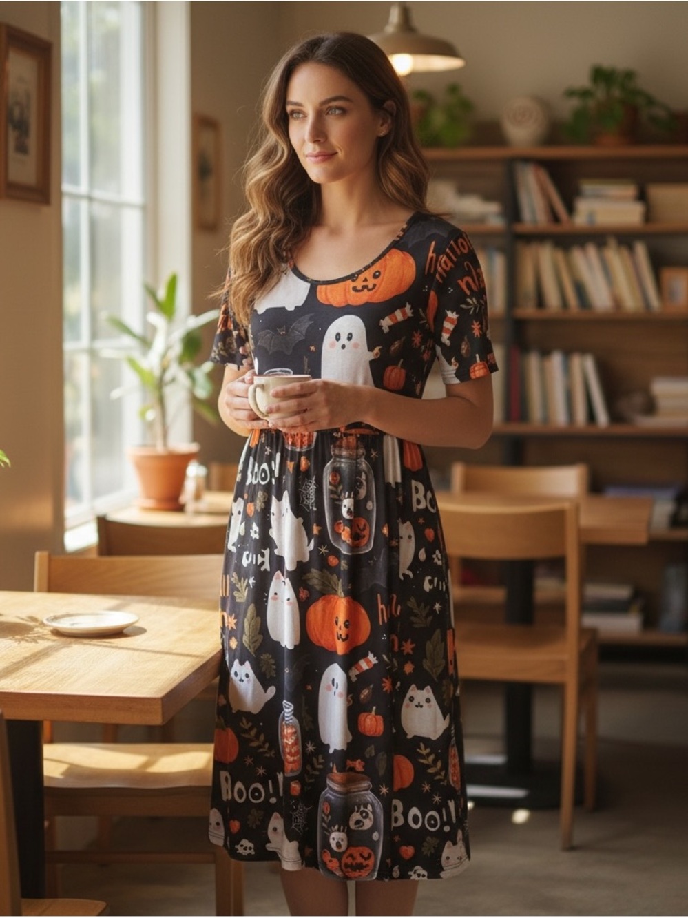 Women's Halloween Ghost & Pumpkin Nightdress - Black